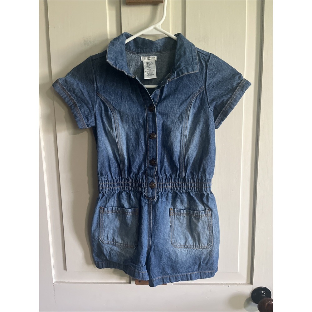 Max Studio Kids Utility Romper M 7/8 Med Wash Denim Button Elastic Waist Girls
